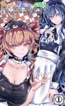  2girls alternate_costume apron bangs black_bow black_bowtie black_choker blue_eyes blue_gemstone blue_hair blush bow bowtie breasts brown_eyes brown_hair checkered_background choker cleavage closed_mouth collared_dress commentary_request cover cover_page doujin_cover dress drill_hair earrings enmaided eyebrows_visible_through_hair feet_out_of_frame frilled_choker frills gem hair_between_eyes highres jewelry large_breasts long_hair looking_at_viewer maid maid_headdress multiple_girls niradama_(nira2ratama) siblings sisters small_breasts smile touhou translation_request twin_drills upper_body waist_apron white_apron yorigami_jo&#039;on yorigami_shion 