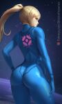  1girl arm_at_side ass blonde_hair blue_bodysuit blue_eyes bodysuit closed_mouth cowboy_shot english_commentary from_behind hand_on_hip long_hair looking_at_viewer looking_back meekohopanes metroid patreon_username ponytail samus_aran skin_tight solo space tight web_address zero_suit 