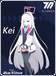  1girl :| absurdres aqua_necktie aszxqw09 black_bow black_coat black_hairband black_jacket black_skirt black_thighhighs blue_archive blue_background border bow character_name chinese_commentary closed_mouth coat collared_shirt commentary_request copyright_name double-parted_bangs expressionless feet_out_of_frame hair_between_eyes hair_bow hairband halo highres jacket kei_(blue_archive) kei_(student)_(blue_archive) long_hair long_sleeves looking_at_viewer millennium_science_school_logo miniskirt multicolored_coat necktie open_clothes open_coat pleated_skirt rectangular_halo red_eyes red_halo school_uniform shirt sidelocks simple_background skirt sleeves_past_wrists solo standing thighhighs two-tone_coat variant_set very_long_hair white_border white_coat white_hair white_shirt zettai_ryouiki 