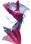  1girl :o absurdres arms_up bangs belt black_bodysuit blue_hair blunt_bangs bodysuit breasts floating_hair full_body highres jacket kula_diamond kurii89800727 looking_at_viewer medium_breasts pants red_eyes red_jacket red_pants simple_background solo straight_hair the_king_of_fighters 