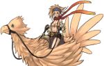  1girl animal bad_source beads belt belt_pouch bikini bikini_under_skirt bird black_gloves black_skirt blonde_hair blue_headband braid breasts bridle chocobo cleavage commentary_request detached_sleeves final_fantasy final_fantasy_x final_fantasy_x-2 fingerless_gloves floating_scarf gloves gradient_scarf hair_beads hair_ornament headband highleg highleg_bikini holding holding_reins long_hair long_sleeves medium_breasts microskirt miseji_mai navel pouch ratite reins riding riding_animal riding_bird rikku_(ff10) saddle scarf simple_background skirt smile swimsuit white_background white_sleeves yellow_belt yellow_bikini yellow_bird 