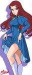  1970s_(style) 1girl absurdres blue_dress boots brooch brown_hair commentary dress drop_shadow green_eyes hana_no_ko_lunlun highres holding_own_dress jewelry juliet_sleeves long_hair long_sleeves masaaki_endo parted_bangs puffy_sleeves retro_artstyle signature solo togenishia white_background white_boots 
