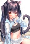  1girl :3 :d animal_ears black_bra black_hair black_tail blue_leg_warmers blue_shrug blush bra breasts cat_ears cat_girl cat_tail commentary_request hooded_shrug indoors leg_warmers logo_request long_sleeves looking_at_viewer navel one_side_up open_mouth original panties pleated_skirt puffy_long_sleeves puffy_sleeves raised_eyebrows sazaki_ichiri shoes shrug_(clothing) sitting skirt sleeves_past_wrists small_breasts smile sneakers sports_bra stomach sweat tail towel towel_around_neck underwear wariza white_panties white_shoes white_skirt yellow_eyes 