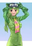 1girl :d absurdres arms_up black_eyes blue_background breast_pocket buttons commentary cowboy_shot eyebrows_visible_through_hair gachapin gloves goggles goggles_on_head gradient gradient_background green_gloves green_hair green_jumpsuit highres hirake!_ponkikki jumpsuit kemono_friends long_hair long_sleeves looking_at_viewer necktie open_mouth personification pocket simple_background smile solo striped_necktie tanabe_(fueisei) teeth upper_teeth 