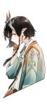  1girl arknights beads black_hair chinese_commentary chromatic_aberration closed_mouth colored_extremities commentary_request cropped_torso earrings grey_eyes grey_horns grey_shirt ha0_qwq highres horns jewelry jie_(arknights) light_smile looking_at_viewer open_clothes open_shirt orange_horns orange_pupils pointy_ears profile shirt short_hair_with_long_locks simple_background solo striped_clothes striped_shirt vertical-striped_clothes vertical-striped_shirt white_background 