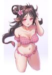  1girl :3 :d absurdres animal_ears arknights arm_behind_back bangs bare_shoulders bikini breasts brown_hair cleavage collarbone commentary cropped_legs eyjafjalla_(arknights) eyjafjalla_(summer_flowers)_(arknights) flower hair_flower hair_ornament hand_up highres horns large_breasts long_hair looking_at_viewer navel off-shoulder_bikini off_shoulder open_mouth pink_bikini pink_eyes pink_flower plaid plaid_bikini sheep_ears sheep_horns short_sleeves smile solo stomach swimsuit thighs wangbrian 