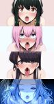  4girls absurdres ahegao artist_name astraea_(atelierastraea) bangs bare_shoulders blue_eyes blue_hair blush close-up collarbone commentary constricted_pupils elden_ring english_commentary eyebrows_visible_through_hair forehead green_hair hair_between_eyes hair_over_shoulder heart heart-shaped_pupils highres kawaii_dake_ja_nai_shikimori-san komi-san_wa_komyushou_desu komi_shouko lower_teeth multiple_girls one_eye_closed open_mouth panels pink_hair pixiv_id ranni_the_witch red_eyes saliva shikimori_(kawaii_dake_ja_nai) signature simple_background spy_x_family swept_bangs symbol-shaped_pupils teeth tongue tongue_out yor_briar 