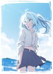  1girl ahoge arahashi_tabi arm_at_side blue_eyes blue_hair blue_sky border closed_mouth cloud collared_shirt commentary_request cowboy_shot day floating_hair grey_skirt hair_between_eyes highres korean_commentary long_bangs looking_to_the_side medium_hair miniskirt ocean outdoors pleated_skirt shirt skirt sky solo standing stellive summer sweat three-quarter_sleeves turning_head twintails virtual_youtuber wabtteong white_border white_shirt wind 