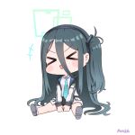  >_< +++ 1girl :d aqua_halo aris_(blue_archive) arms_between_legs artist_name black_hair black_hairband black_skirt blue_archive blue_necktie blush blush_stickers chibi chibi_only closed_eyes collared_shirt commentary double-parted_bangs full_body hair_between_eyes hairband halo highres jacket long_hair long_hair_between_eyes mensiah miniskirt necktie one_side_up open_clothes open_jacket open_mouth pleated_skirt rectangular_halo school_uniform shirt shoe_soles sidelocks simple_background sitting skirt smile solo straight_hair v-shaped_eyebrows very_long_hair white_background white_jacket white_shirt xd 