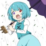  1girl ^^^ aqua_hair aqua_skirt aqua_vest commentary_request falling_leaves heterochromia holding holding_umbrella juliet_sleeves karakasa_obake leaf long_sleeves medium_hair okamochi_(pi-chiki) open_mouth puffy_sleeves purple_eyes purple_umbrella red_eyes shirt skirt solo surprised sweatdrop tatara_kogasa touhou umbrella vest white_shirt 