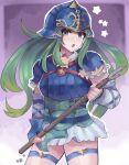  1girl absurdres armor blue_armor blue_eyes blue_gloves breastplate detached_sleeves dtomebreaker fingerless_gloves fire_emblem fire_emblem:_path_of_radiance gloves gradient gradient_background green_hair highres holding holding_polearm holding_weapon long_hair looking_at_viewer nephenee_(fire_emblem) open_mouth polearm simple_background skirt solo star_(symbol) thighhighs weapon white_skirt zettai_ryouiki 