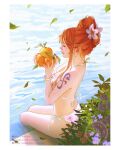 1girl bangle bare_legs bikini border bracelet breasts cleavage earrings floral_print floral_print_bikini flower food from_side fruit gold_bangle hair_flower hair_ornament halterneck highres holding holding_food holding_fruit jewelry leaf mandarin_orange mlle_libellule multiple_bracelets nami_(one_piece) one_piece orange_hair pearl_bracelet pearl_earrings print_bikini shoulder_tattoo side-tie_bikini_bottom sitting soaking_feet solo swimsuit tattoo thighs updo water wet white_bikini white_border 