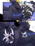 3:4 absurd_res after_vore aldrich_(4giogio) anthro arceus barazoku beard big_muscles big_pecs black_body blue_claws blue_eyes claws comic duo facial_hair fusion generation_4_pokemon generation_5_pokemon glowing glowing_eyes glowing_horn halo hi_res horn hybrid kokukokuboo legendary_pokemon looking_at_another looking_at_partner looking_down looking_pleasured male male/male mane muscular muscular_anthro muscular_male nintendo nude nude_anthro nude_male pecs pectoral_vore pointy_ears pokemon pokemon_(species) pokemon_fusion questionable_consent red_sclera sequence simple_background tattooification three_frame_sequence vore vore_tattoo white_beard white_facial_hair white_mane yellow_eyes zebstrika zek_(zephyrchill) zekrom
