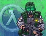  1boy adrian_shephard american_flag ammunition_pouch armor artist_name backpack bag bulletproof_vest camouflage combat_helmet copyright_logo fingerless_gloves flag_patch gas_mask gloves gun h&amp;k_mp5 half-life:_opposing_force half-life_(series) helmet holding holding_gun holding_weapon lambda_symbol logo male_focus mask military military_uniform patch pouch radio sleeves_rolled_up soldier solo standing submachine_gun submarinechamomile toon_(style) united_states_marine_corps weapon 