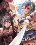  2girls akuma_homura argyle argyle_legwear bare_shoulders black_hair blood blood_on_face blue_eyes blue_hair bow bra breasts detached_sleeves english_text gloves hair_between_eyes hair_bow hair_ornament highres looking_at_viewer mahou_shoujo_madoka_magica mahou_shoujo_madoka_magica_movie medium_breasts miki_sayaka multiple_girls musical_note_hair_ornament mzk0526 one_eye_closed open_mouth purple_bow purple_bra purple_ribbon rain red_eyes ribbon saber_(weapon) small_breasts sword tearing_up thighhighs torn_clothes translation_request underwear weapon wet white_gloves white_legwear 
