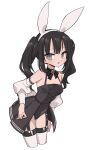  1girl alternate_costume animal_ear_hairband animal_ears black_hair black_ribbon breasts brooch commentary_request detached_sleeves fake_animal_ears fake_tail grey_eyes hairband highres jewelry kurobe_nanoka leotard long_hair looking_at_viewer mahou_shoujo_no_majo_saiban neck_ribbon playboy_bunny rabbit_ear_hairband rabbit_ears rabbit_tail ribbon simple_background small_breasts solo suno_(imydream) sweatdrop tail thighhighs twintails white_background white_sleeves white_thighhighs 