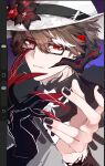  1boy art_program_in_frame black-framed_eyewear black_flower black_nails brown_hair claws commentary cosplay empty_eyes eyewear_visible_through_hair flower g3areye_91 glasses hair_between_eyes hands_up hat hat_flower highres honkai:_star_rail honkai_(series) horns looking_at_viewer male_focus multicolored_hair nail_polish procreate_(medium) rectangular_eyewear red_eyes short_hair solo streaked_hair the_dahlia_(honkai:_star_rail) the_dahlia_(honkai:_star_rail)_(cosplay) untranslatable_commentary upper_body welt_yang white_hat white_streaks 