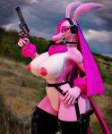 2026 3d_(artwork) anthro areola arm_fluff belt big_breasts black_choker black_clothing black_jewelry black_legwear black_necklace black_thigh_highs blurred_background breasts chest_fur choker claws clothing cloud cloudy_sky curvy_figure day digital_media_(artwork) electronics female genitals gun hand_on_hip handgun headphones hi_res holding_gun holding_handgun holding_object holding_ranged_weapon holding_revolver holding_weapon hourglass_figure impaer_jaster innie_vulva jewelry legwear looking_at_viewer lovander lovander_(mayosplash) navel necklace nipple_dip nipples non-mammal_breasts non-mammal_navel non-mammal_nipples non-mammal_vulva open_mouth open_smile outside pal_(species) palmorph palworld pink_areola pink_body pink_claws pink_eyes pink_nipples pocketpair pseudo_hair ranged_weapon revolver scalie side_view sky smile smiling_at_viewer solo standing thick_thighs thigh_highs vulva watermark weapon wide_hips