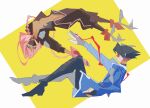  1boy 1girl 7xavmwhjecgroj3 adhesive_bra ahoge aiming black_bodysuit black_hair black_shoes blue_eyes blue_jacket bodysuit braid breasts brown_jumpsuit burn_scar chinese_commentary clenched_hand commentary_request contrast_lapels cyberpunk:_edgerunners cyberpunk_(series) cyborg d_(cyberpunk) dark_skin expressionless eye_contact floating floating_hair from_side full_body gloves green_eyes gun hair_intakes handgun highres holding holding_gun holding_weapon jacket jumpsuit lapels long_hair looking_at_another mask mechanical_legs medium_breasts metal_skin midriff mouth_mask navel onesie outside_border parted_bangs partially_fingerless_gloves pink_hair pointy_ears reaching reaching_towards_another red_lightning scar shoes short_hair sidelocks simple_background single_braid skin_seams slit_pupils spiked_hair talia_yang two-tone_background upside-down very_long_hair weapon white_background yellow_background 