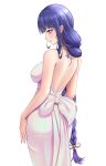  1girl absurdres back bangs bare_shoulders blue_hair bow braid breasts from_side genshin_impact hair_bow highres hun_shui large_breasts long_hair purple_eyes raiden_shogun simple_background smile solo standing very_long_hair white_background white_bow 