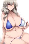  1girl absurdres arm_support bangs bikini blue_bikini blue_eyes breasts cleavage closed_mouth collarbone commentary_request gradient gradient_background grey_hair hair_between_eyes highres huge_breasts long_hair looking_at_viewer mature_female navel one_eye_closed plump simple_background sitting skindentation smile stomach swimsuit tsukasawa_takamatsu uzaki-chan_wa_asobitai! uzaki_tsuki 