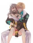 1boy 1girl aqua_shirt aventurine_(honkai:_star_rail) black_gloves blonde_hair bound bound_wrists collared_shirt commentary_request earrings fur-trimmed_jacket fur_trim gloves grey_hair hair_between_eyes hand_in_another's_mouth hand_on_another's_arm hetero highres holding honkai:_star_rail honkai_(series) jacket jewelry kokoen multicolored_eyes neck_tattoo purple_eyes shirt short_hair smile stelle_(honkai:_star_rail) tattoo tied_jacket tongue tongue_out trailblazer_(honkai:_star_rail) two-tone_eyes watch white_shirt wristwatch yellow_eyes 
