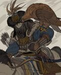  1boy animal animal_on_arm arm_guards armor arrow_(projectile) bird bird_on_arm black_eyes black_gloves bow_(weapon) brown_headwear covered_mouth cuffs eyeliner falconry fur_hat fur_trim gloves hat hat_feather highres horse horseback_riding kenkon_no_washi looking_at_animal looking_away makeup male_focus mask mouth_mask riding sideways_glance suzumori_521 weapon 