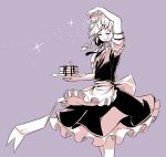  1girl apron back_bow bow braid closed_mouth commentary_request dessert food frilled_apron frilled_skirt frills hair_bow highres holding holding_plate izayoi_sakuya maid_headdress medium_hair pancake pancake_stack peroponesosu. plate puffy_short_sleeves puffy_sleeves purple_theme short_sleeves skirt smile solo sparkle standing touhou twin_braids vest waist_apron white_bow 