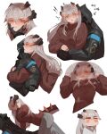 1girl 1other absurdres arknights blush commentary doctor_(arknights) dragon_girl dragon_horns dragon_tail english_commentary english_text grey_hair helmet highres horns hug hug_from_behind najashi orange_eyes saria_(arknights) simple_background sweater tail 