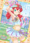  1girl aikatsu!_(series) aikatsu_friends! anime_coloring anklet aqua_eyes arm_up arm_warmers asuka_mirai_(aikatsu_friends!) audience badge bare_shoulders bead_anklet bead_armlet beads blue_collar blue_hat blue_shirt blue_skirt blue_sky blush_stickers boots border bow breasts card_(medium) character_name cheerleader circle_skirt cloud collar commentary_request confetti crop_top day detached_collar diamond_earrings dot_nose earrings english_text floating_clothes foot_out_of_frame frilled_footwear frilled_shirt frilled_skirt frills gem gold_thighlet grin hair_bow hair_ornament happy hat heart heart_border heart_print heart_tattoo high_heel_boots high_heels highres holding holding_pom_poms jewelry leg_tattoo leg_up long_hair looking_at_viewer low_twintails midriff miniskirt navel one_eye_closed open_mouth orange_border outdoors outline outside_border parody pink_arm_warmers piyotori pom_pom_(cheerleading) print_skirt purple_gem red_hair shirt sideboob sideways_hat single_strap skirt skirt_set sky sleeveless sleeveless_shirt smile soccer_field solo sparkle stomach_tattoo strap striped_clothes striped_shirt striped_skirt style_parody tareme tattoo thighlet twintails vertical-striped_arm_warmers vertical-striped_clothes vertical-striped_shirt vertical-striped_skirt visor_cap white_boots white_outline yellow_bow 