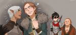  1girl 3boys anders_(dragon_age) angry arguing armor bad_source black_hair blood breastplate cheetahman_(1ddghfr78cswc) cropped_jacket dark-skinned_male dark_skin dragon_age dragon_age_2 eye_contact fenris_(dragon_age_2) jewelry looking_at_another marian_hawke multiple_boys necklace red_scarf scarf short_hair varric_tethras white_hair 