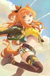  1girl absurdres animal_ears belt blue_sky blush bomber_jacket bow brown_ribbon cellphone cloud contrail crop_top ear_bow ear_ribbon green_belt green_jacket highres horse_ears horse_girl horse_tail jacket long_hair long_sleeves looking_at_viewer mayano_top_gun_(scramble_zone)_(umamusume) mayano_top_gun_(umamusume) midriff navel open_clothes open_jacket open_mouth orange_hair orange_tail patch phone ribbon shirt shorts sky smartphone smile solo standing standing_on_one_leg tail thighhighs tiri two_side_up umamusume white_shorts white_thighhighs yellow_shirt 