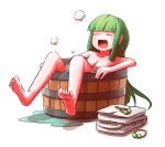  1girl :d barefoot bathing blunt_bangs blush breasts bucket closed_eyes collarbone commentary_request green_hair highres kisume long_hair medium_breasts nude open_mouth oversized_object partially_submerged peroponesosu. smile solo touhou unworn_clothes very_long_hair water wet white_background 