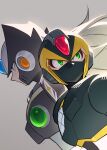  2boys absurdres armor black_armor black_helmet black_zero_(mega_man) blue_eyes buzzsaw_(6631455) chest_jewel commentary_request covered_mouth forehead_jewel green_eyes grey_hair helmet highres long_hair male_focus mask mega_man_(series) mega_man_x6 mega_man_x_(series) mouth_mask multiple_boys ninja shadow_armor_x_(mega_man) upper_body x_(mega_man) zero_(mega_man) 