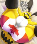2026 absurd_res antennae_(anatomy) anthro arthropod arthropod_abdomen balls_outline bed bee big_bulge big_butt black_body black_eyes black_fur bottomwear bulge butt canada_day canadian_flag clothed clothing detailed_bulge dialogue digital_media_(artwork) english_text flag flag_clothing flag_print fur furniture genital_outline hectar_(soomir) hi_res holidays hymenopteran insect looking_at_viewer lying male mandibles maple_leaf markings multi_arm multi_limb multicolored_body multicolored_fur on_back on_bed partially_clothed partially_clothed_anthro partially_clothed_male presenting presenting_hindquarters purple_sclera simple_background solo soomir stinger stinger_tail striped_markings striped_tail stripes suggestive suggestive_pose tail tail_markings text underwear yellow_body yellow_fur