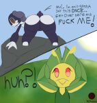 2026 angry artist_name big_butt brown_eyes butt colored comic deeva_(drwrandom) demanding_sex dialogue digital_drawing_(artwork) digital_media_(artwork) drwrandom duo elemental_creature english_text eyeshadow female female/female feral flat_colors flora_fauna generation_5_pokemon generation_8_pokemon genitals grass hi_res horn indeedee indeedee_(female) leavanny levi_(drwrandom) makeup nintendo on_rock plant pokemon pokemon_(species) presenting presenting_hindquarters purple_body red_eyes rock shocked shortstack signature size_difference tail text vulva watermark