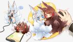  1boy 2girls akagi_(azur_lane) animal_ears azur_lane bangs blue_eyes blue_skirt blunt_bangs brown_hair cable cellphone commander_(azur_lane) commentary_request eyebrows_visible_through_hair eyeshadow fox_ears fox_girl fox_mask fox_tail hair_tubes japanese_clothes kaga_(azur_lane) kyuubi long_hair long_sleeves looking_at_viewer looking_back lying makeup mask mask_on_head minigirl mouse_(computer) mousepad_(object) multiple_girls multiple_tails on_side on_stomach out_of_frame phone pleated_skirt putimaxi red_eyes short_hair sidelocks size_difference skirt smartphone tail translation_request usb white_hair wide_sleeves 