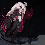 1:1 2025 3_toes 4_fingers ahoge anthro bangs black_background black_clothing black_jacket black_outline black_topwear bottomless bottomless_anthro bottomless_female buckteeth chest_tuft claws clothed clothing clover_(polygoncherub) collarbone colored countershading crotch_tuft cybernetic_arm cybernetic_leg cybernetic_limb cyberpunk detailed digital_drawing_(artwork) digital_media_(artwork) duo dust dust_cloud eyebrows facial_tuft feet female female_anthro fingers flat_chested floating front_view full-length_portrait fur gauntlets_(weapon) grin hair hi_res hologram intimidating_female jacket lagomorph leporid long_ears lucky_(polygoncherub) mammal navel nub_tail outline polygoncherub portrait pupils rabbit red_body red_claws red_eyes red_lighting red_outline red_pupils robot_anthro shaded sharp_teeth shirt side_bangs simple_background smile tank_top teeth toes topwear topwear_only tuft walking white_body white_fur white_outline yellow_sclera