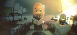  1girl a.i._voice adachi_rei artist_name black_jacket blazer book bow bowtie bulletin_board classroom commentary_request desk film_grain fisheye hair_ribbon highres indoors jacket long_sleeves m888992l7 notebook open_book open_mouth orange_eyes orange_hair people ribbon school school_desk school_uniform shirt skirt solo_focus standing utau watermark white_shirt 