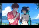  1boy 1girl aqua_hair beach bikini blue_sky blush breasts brown_hair clam_shell colored_inner_hair commander_(nikke) commentary day english_commentary faceless faceless_male floral_print floral_print_shirt goddess_of_victory:_nikke hair_intakes hair_ornament hawaiian_shirt highres lendivere little_mermaid_(nikke) little_mermaid_(shell_princess)_(nikke) long_hair looking_at_another multicolored_hair navel ocean official_alternate_costume official_alternate_hairstyle outdoors print_shirt shell shell_hair_ornament shirt sky swimsuit white_bikini yellow_eyes 
