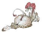anthro anus big_breasts big_butt biped bleedglaze breasts brown_anus brown_body brown_fur brown_vulva butt cloven_hooves eyelashes female fur genitals giraffe giraffid hair hi_res hooves horn huge_breasts lidded_eyes long_neck lying mammal monotone_background nude nude_anthro nude_female on_front ossicone puffy_anus rear_view red_hair simple_background solo tail tan_body tan_fur thick_thighs unguligrade vulva white_background