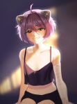  1girl ahoge animal_ears bandaged_arm bandages black_camisole black_shorts breasts camisole cat_ears cleavage grey_eyes hair_between_eyes hair_intakes indie_virtual_youtuber jean_faymas_(vtuber) looking_at_viewer maple_winters_(artist) mechanical_ears purple_hair short_hair shorts sitting small_breasts smile solo vershion virtual_youtuber 