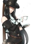  1other androgynous bangs bare_shoulders belt black_hair black_suit collared_shirt cup eyelashes fingerless_gloves formal gloves guilty_gear guilty_gear_strive hat_ornament highres long_hair looking_at_viewer plate red_eyes shaded_face shirt simple_background skull_hat_ornament solo straight_hair suit tea teacup testament_(guilty_gear) udakyo white_background white_gloves 