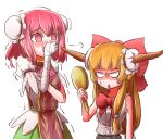  2girls bandages belt black_belt blank_eyes blunt_bangs borrowed_clothes bow bowtie commentary_request double_bun flower giggling green_skirt hair_between_eyes hair_bow hair_bun highres holding holding_mirror ibaraki_kasen ibuki_suika long_hair medium_hair mirror multiple_girls open_mouth orange_hair peroponesosu. pink_flower pink_rose red_bow red_bowtie red_tabard rose shaded_face shirt skirt sleeve_garter sleeveless sleeveless_shirt tabard touhou trembling triangle_mouth white_background white_shirt 