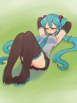  1girl aqua_hair aqua_necktie aqua_trim armpits arms_behind_head bare_shoulders black_boots black_sleeves blush boots breasts closed_eyes detached_sleeves grass grey_shirt hair_between_eyes hair_ornament hatsune_miku highres leaf_in_mouth long_hair lying medium_breasts mouth_hold necktie on_back pleated_skirt shirt skirt sleeveless sleeveless_shirt smile sofo_soup solo thigh_boots thighhighs twintails very_long_hair vocaloid 