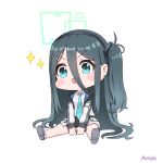  1girl :d aqua_halo aris_(blue_archive) arms_between_legs artist_name black_hair black_hairband black_skirt blue_archive blue_eyes blue_necktie blush blush_stickers chibi chibi_only collared_shirt commentary double-parted_bangs full_body hair_between_eyes hairband halo highres jacket long_hair long_hair_between_eyes looking_ahead mensiah miniskirt necktie one_side_up open_clothes open_jacket open_mouth pleated_skirt rectangular_halo school_uniform shirt shoe_soles sidelocks simple_background sitting skirt smile smug solo sparkle straight_hair tareme v-shaped_eyebrows very_long_hair white_background white_jacket white_shirt 