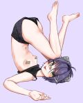  1girl ahoge animal_ears barefoot breasts cat_ears clothes_lift feet freckles grey_eyes hair_intakes indie_virtual_youtuber jean_faymas_(artist) jean_faymas_(vtuber) legs looking_at_viewer mechanical_ears pasties purple_background purple_hair shirt_lift short_hair shorts small_breasts solo thighs tongue tongue_out vershion virtual_youtuber 