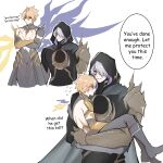  2boys absurdres armor asymmetrical_wings black_bodysuit black_boots black_cape black_sclera blonde_hair blush bodysuit boots cape carrying closed_mouth colored_sclera commentary cowboy_shot crossed_arms dual_persona eliice131 embarrassed english_commentary english_text gauntlets grey_hair hair_between_eyes hair_over_one_eye half-closed_eye height_difference highres honkai:_star_rail honkai_(series) hood hooded_cape looking_at_another male_focus mini_wings multiple_boys multiple_views notice_lines orange_eyes phainon_(flame_reaver)_(honkai:_star_rail) phainon_(honkai:_star_rail) phainon_(khaslana)_(honkai:_star_rail) princess_carry purple_eyes selfcest short_hair shoulder_armor simple_background single_gauntlet smile speech_bubble standing sweat teeth v-shaped_eyebrows white_background wings yaoi 