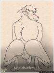  anthro anus balls black_and_white boc_the_seamster butt clothing demi_human elden_ring flustered foreskin fromsoftware garo_(artist) genitals hat headgear headwear hi_res kneeling looking_at_viewer male male/male monochrome paws penis perineum raised_tail rear_view solo spread_butt spreading text video_games 