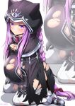  1girl arm_guards armor bangs big_belly black_cloak black_leotard breastplate breasts cloak collar fate/grand_order fate_(series) forehead highres hood hooded_cloak kneeling leotard long_hair looking_at_viewer medusa_(fate) medusa_(lancer)_(fate) parted_bangs pregnant purple_collar purple_eyes purple_hair sekai_saisoku_no_panda sidelocks small_breasts solo thighhighs torn_clothes very_long_hair white_legwear 